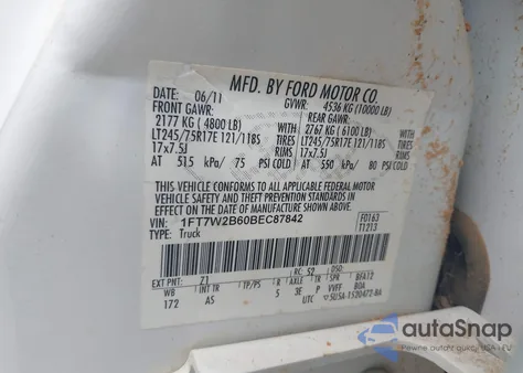 2011 Ford F-250 Xl from USA, damaged, VIN 1FT7W2B60BEC87842